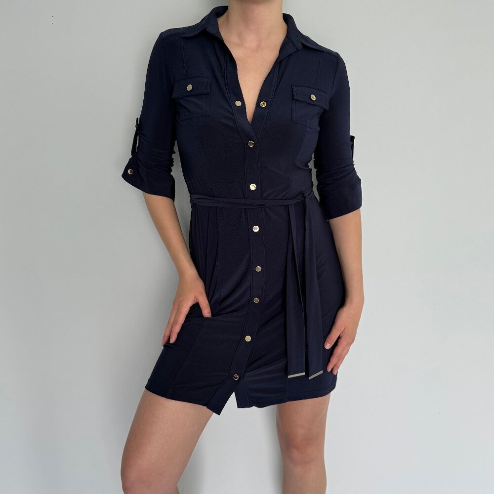 White House Black Market Navy Shirt Dress Stretch Size 00